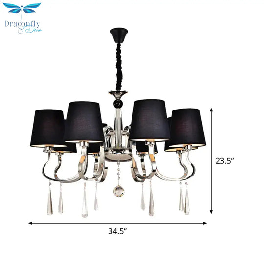 6/8 Heads Metal Suspension Lamp Country Conic Fabric Chandelier Pendant Light In Black With Crystal
