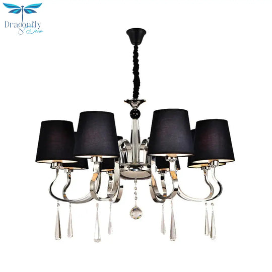 6/8 Heads Metal Suspension Lamp Country Conic Fabric Chandelier Pendant Light In Black With Crystal