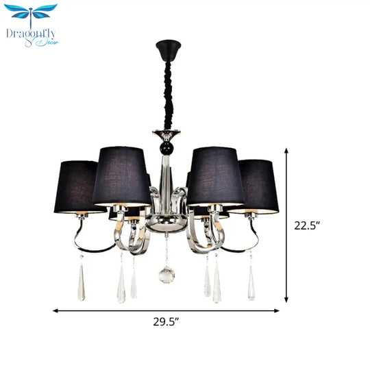 6/8 Heads Metal Suspension Lamp Country Conic Fabric Chandelier Pendant Light In Black With Crystal