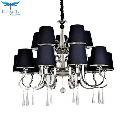 6/8 Heads Metal Suspension Lamp Country Conic Fabric Chandelier Pendant Light In Black With Crystal