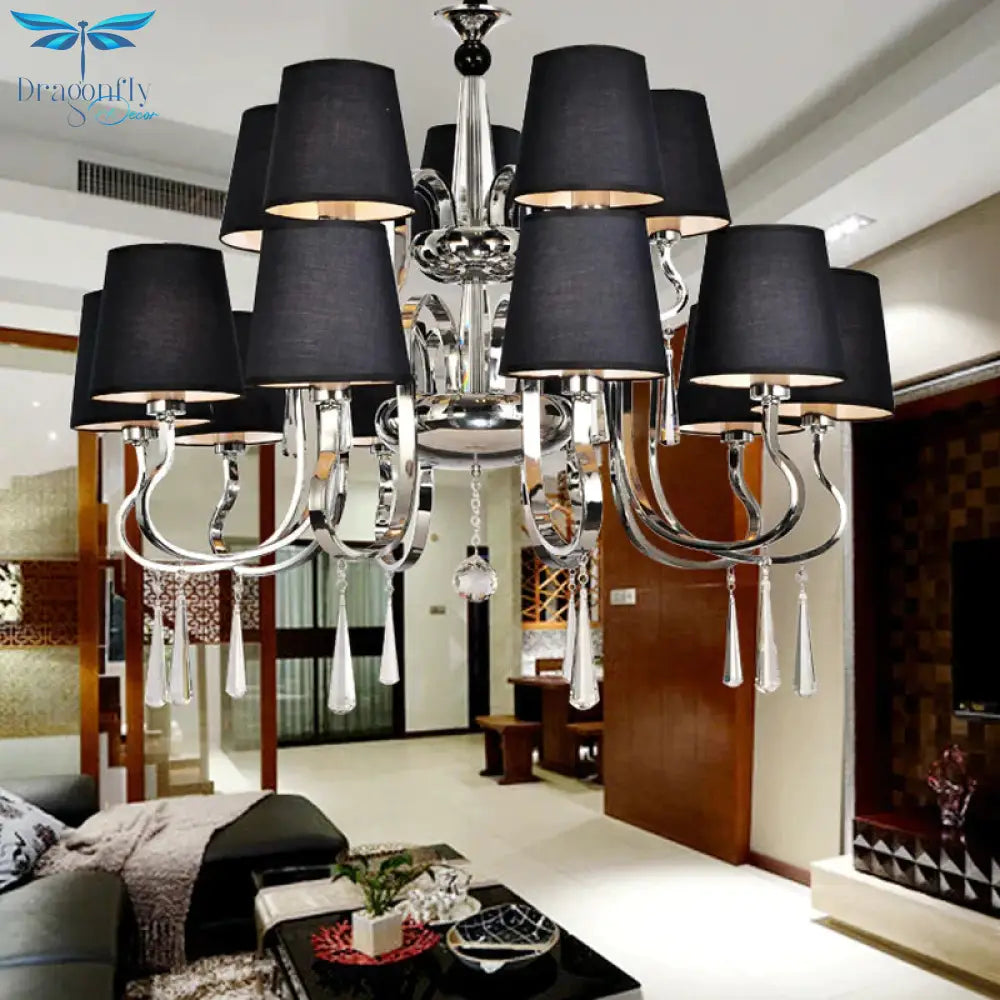 6/8 Heads Metal Suspension Lamp Country Conic Fabric Chandelier Pendant Light In Black With Crystal