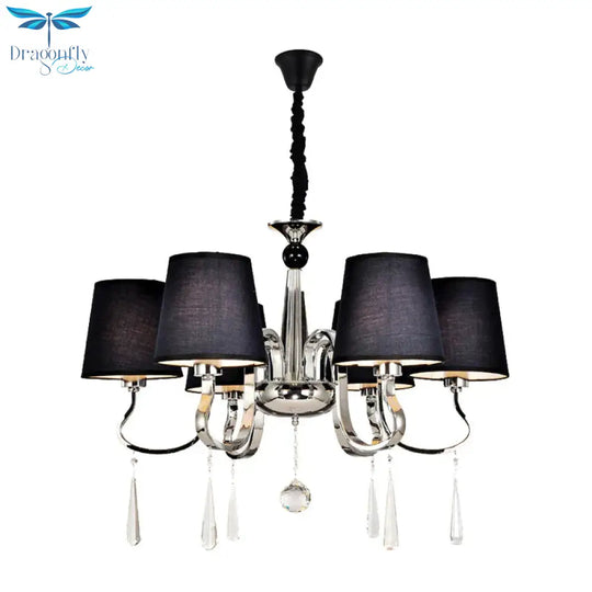 6/8 Heads Metal Suspension Lamp Country Conic Fabric Chandelier Pendant Light In Black With Crystal