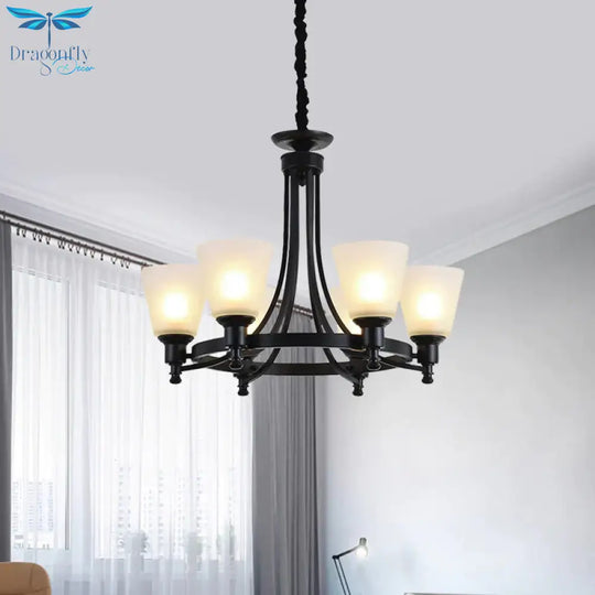 6/8 Heads Pendant Chandelier Rustic Living Room Lamp With Opal Glass Tapered Shade In Black