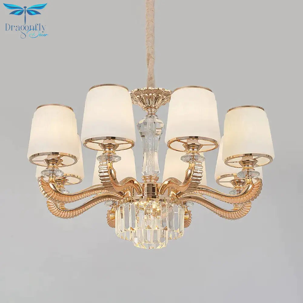 6/8 - Light Ceiling Chandelier Traditional Parlor Hanging Lamp With Tapered Milk Glass Shade In Gold