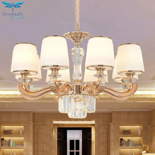 6/8 - Light Ceiling Chandelier Traditional Parlor Hanging Lamp With Tapered Milk Glass Shade In Gold