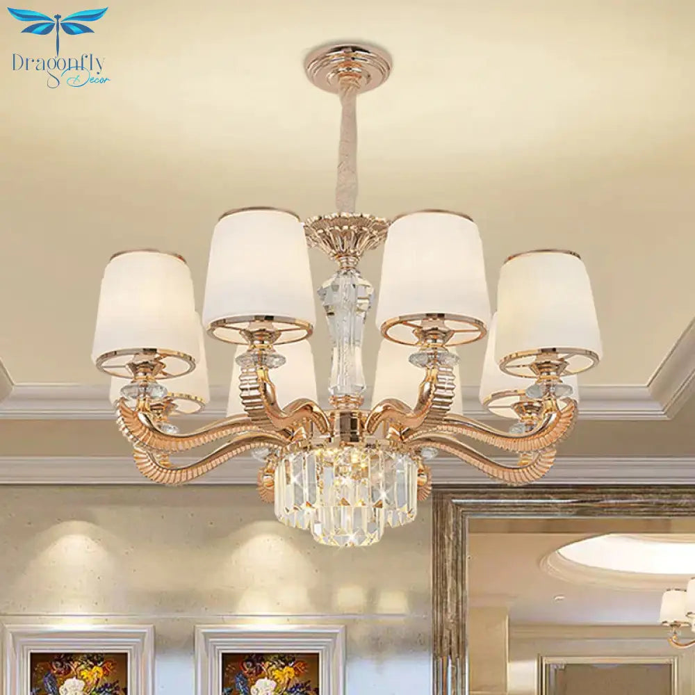 6/8 - Light Ceiling Chandelier Traditional Parlor Hanging Lamp With Tapered Milk Glass Shade In Gold