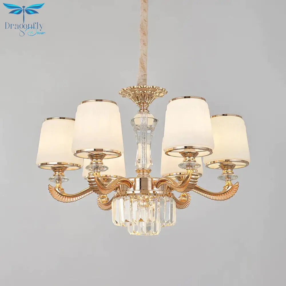 6/8 - Light Ceiling Chandelier Traditional Parlor Hanging Lamp With Tapered Milk Glass Shade In Gold