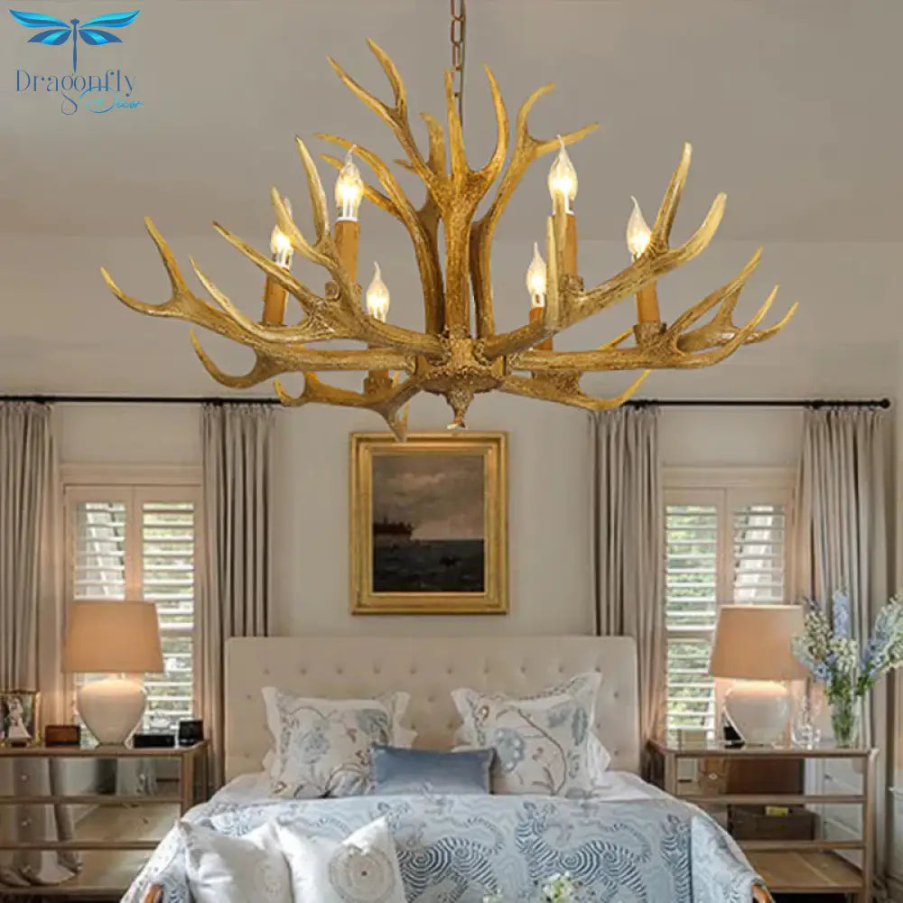 6/8 - Light Resin Chandelier Lamp Rural Brown Antlered Shape Living Room Hanging Pendant With Open