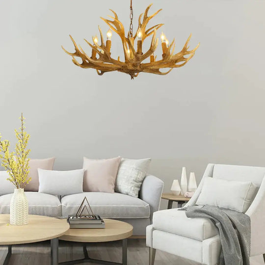 6/8 - Light Resin Chandelier Lamp Rural Brown Antlered Shape Living Room Hanging Pendant With Open