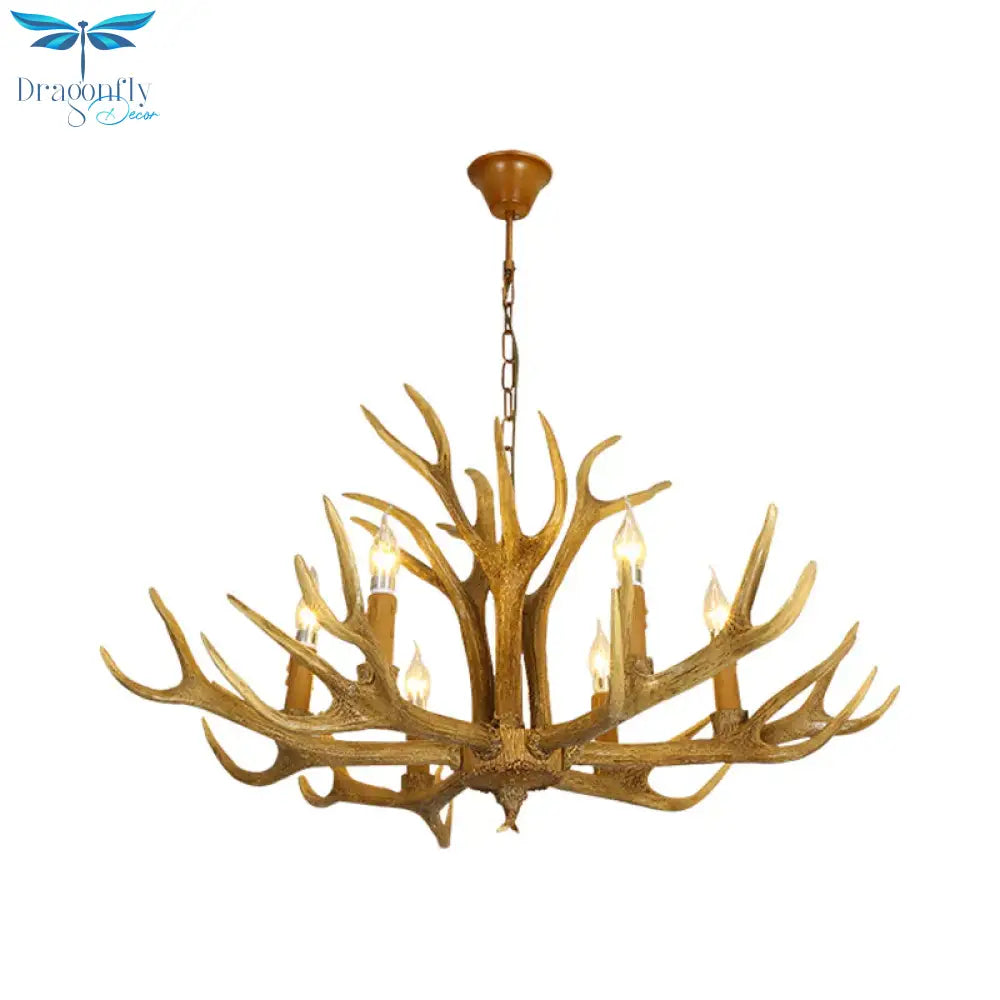 6/8 - Light Resin Chandelier Lamp Rural Brown Antlered Shape Living Room Hanging Pendant With Open