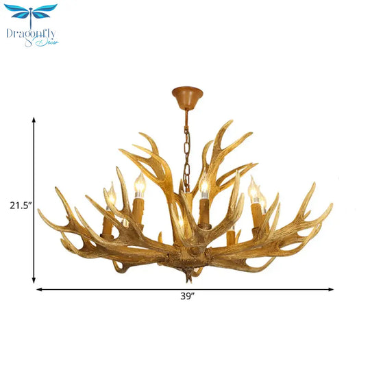6/8 - Light Resin Chandelier Lamp Rural Brown Antlered Shape Living Room Hanging Pendant With Open
