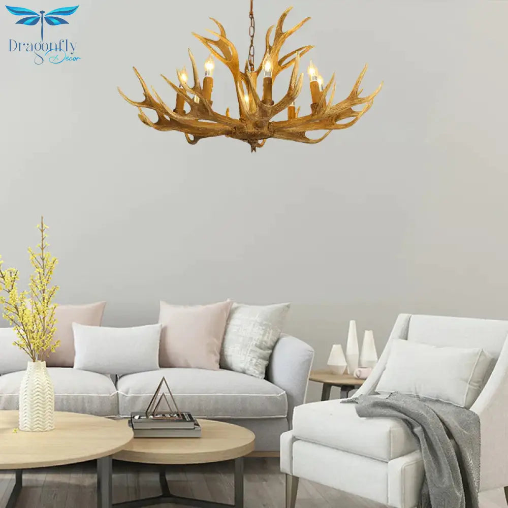 6/8 - Light Resin Chandelier Lamp Rural Brown Antlered Shape Living Room Hanging Pendant With Open