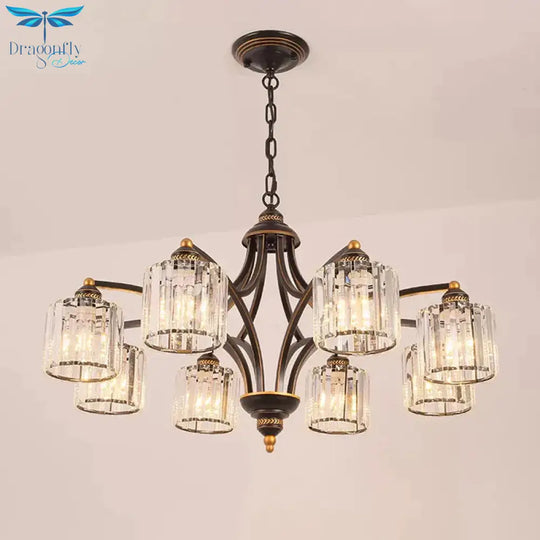 6/8 Lights Chandelier Retro Cylinder/Bell Clear Crystal/White Glass Hanging Pendant In Black/Gold