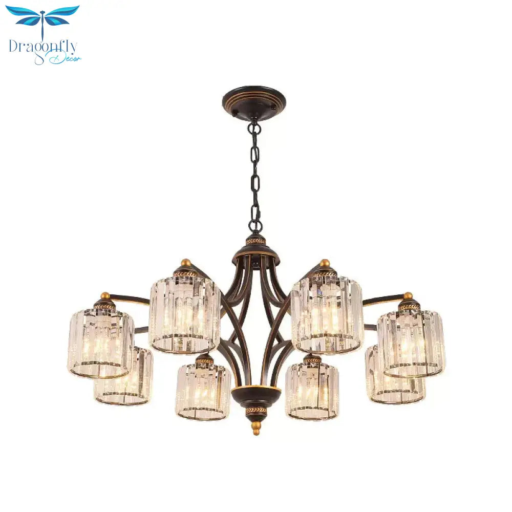 6/8 Lights Chandelier Retro Cylinder/Bell Clear Crystal/White Glass Hanging Pendant In Black/Gold