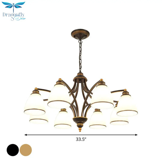 6/8 Lights Chandelier Retro Cylinder/Bell Clear Crystal/White Glass Hanging Pendant In Black/Gold