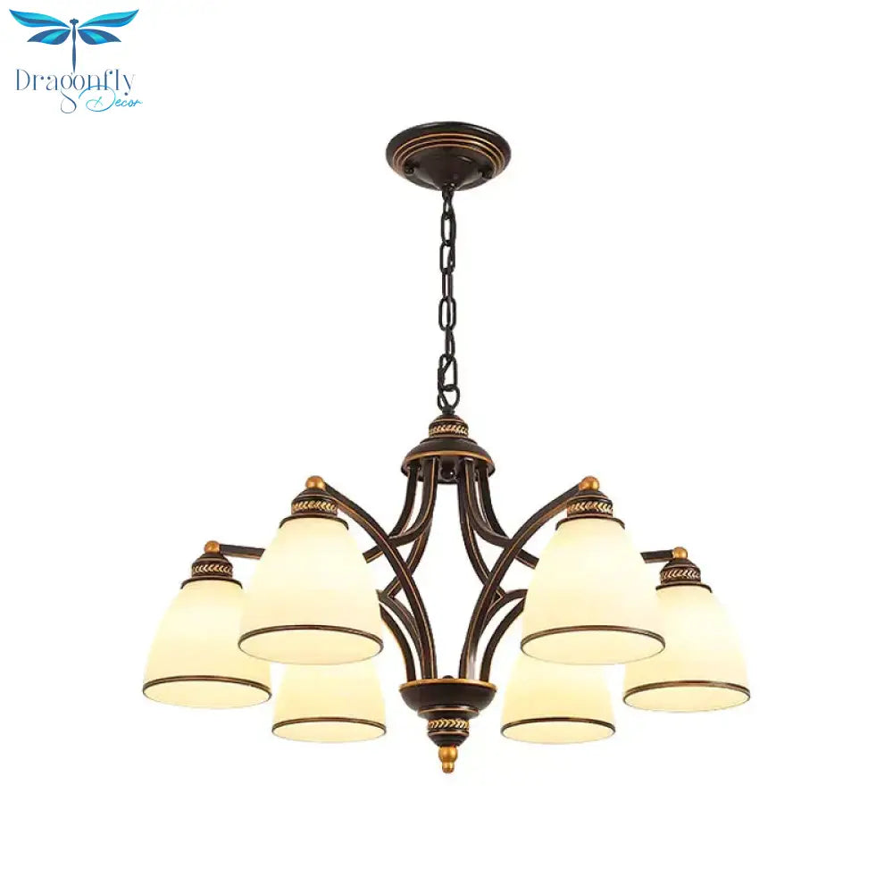 6/8 Lights Chandelier Retro Cylinder/Bell Clear Crystal/White Glass Hanging Pendant In Black/Gold