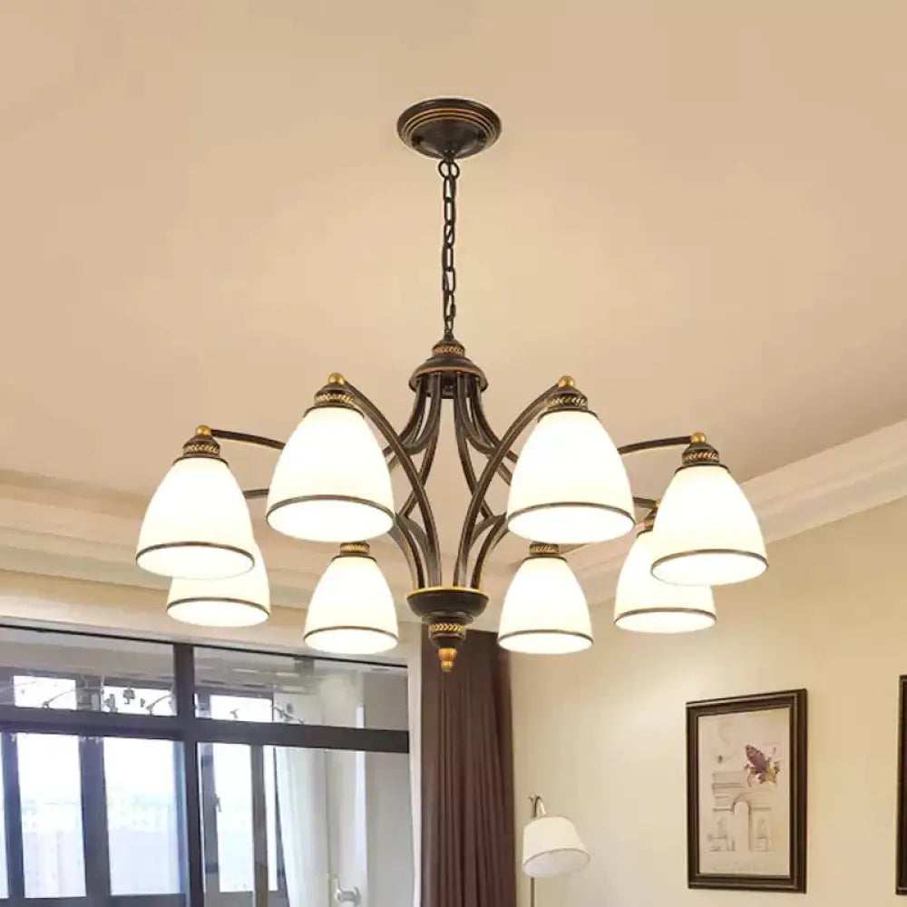 6/8 Lights Chandelier Retro Cylinder/Bell Clear Crystal/White Glass Hanging Pendant In Black/Gold