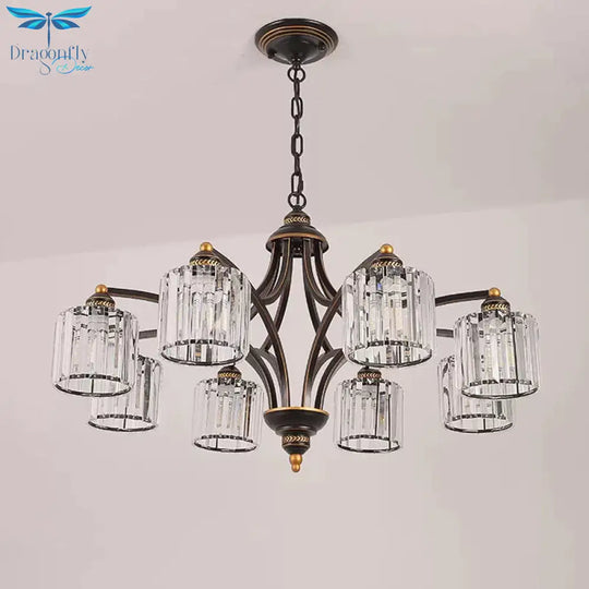 6/8 Lights Chandelier Retro Cylinder/Bell Clear Crystal/White Glass Hanging Pendant In Black/Gold