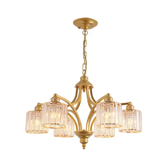 6/8 Lights Chandelier Retro Cylinder/Bell Clear Crystal/White Glass Hanging Pendant In Black/Gold