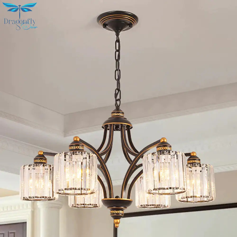 6/8 Lights Chandelier Retro Cylinder/Bell Clear Crystal/White Glass Hanging Pendant In Black/Gold