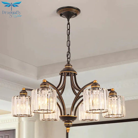 6/8 Lights Chandelier Retro Cylinder/Bell Clear Crystal/White Glass Hanging Pendant In Black/Gold