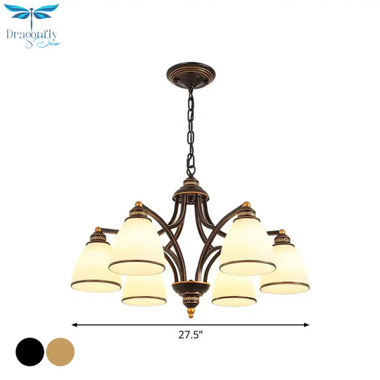 6/8 Lights Chandelier Retro Cylinder/Bell Clear Crystal/White Glass Hanging Pendant In Black/Gold