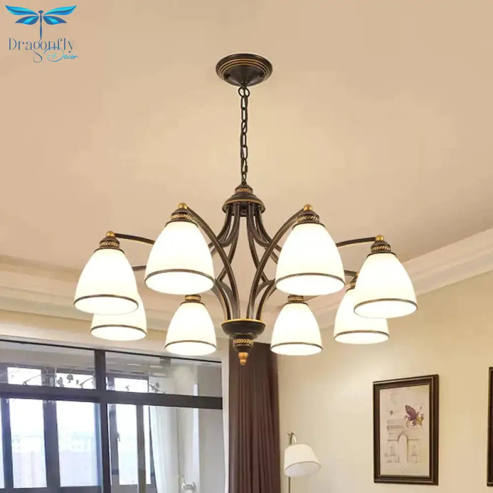 6/8 Lights Chandelier Retro Cylinder/Bell Clear Crystal/White Glass Hanging Pendant In Black/Gold
