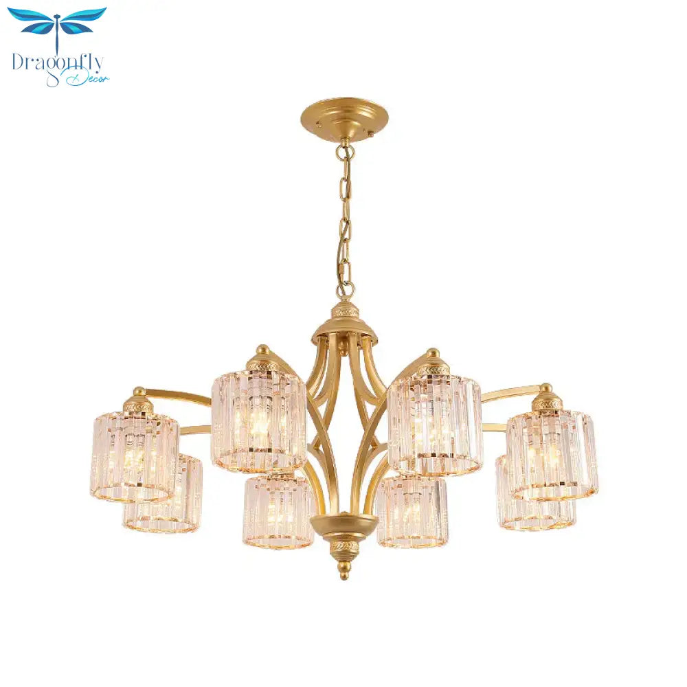 6/8 Lights Chandelier Retro Cylinder/Bell Clear Crystal/White Glass Hanging Pendant In Black/Gold