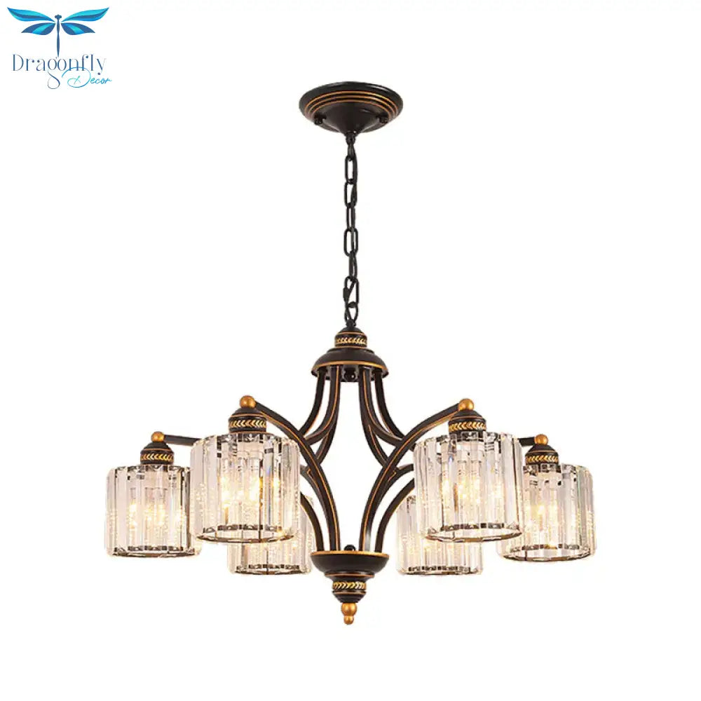 6/8 Lights Chandelier Retro Cylinder/Bell Clear Crystal/White Glass Hanging Pendant In Black/Gold