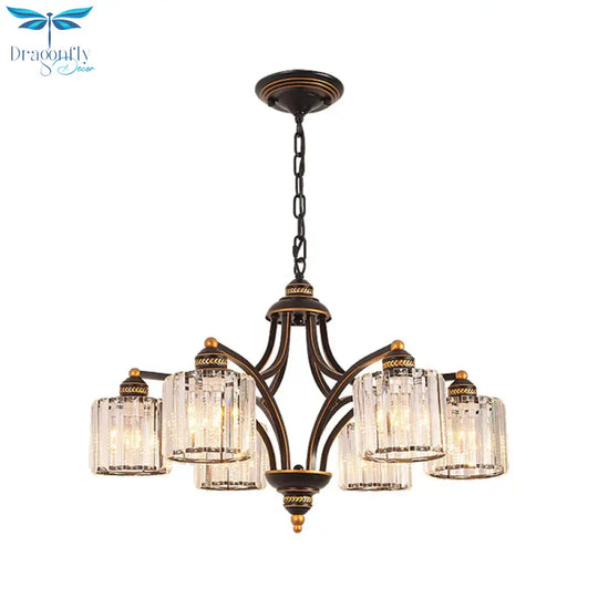 6/8 Lights Chandelier Retro Cylinder/Bell Clear Crystal/White Glass Hanging Pendant In Black/Gold