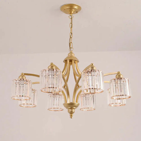 6/8 Lights Chandelier Retro Cylinder/Bell Clear Crystal/White Glass Hanging Pendant In Black/Gold