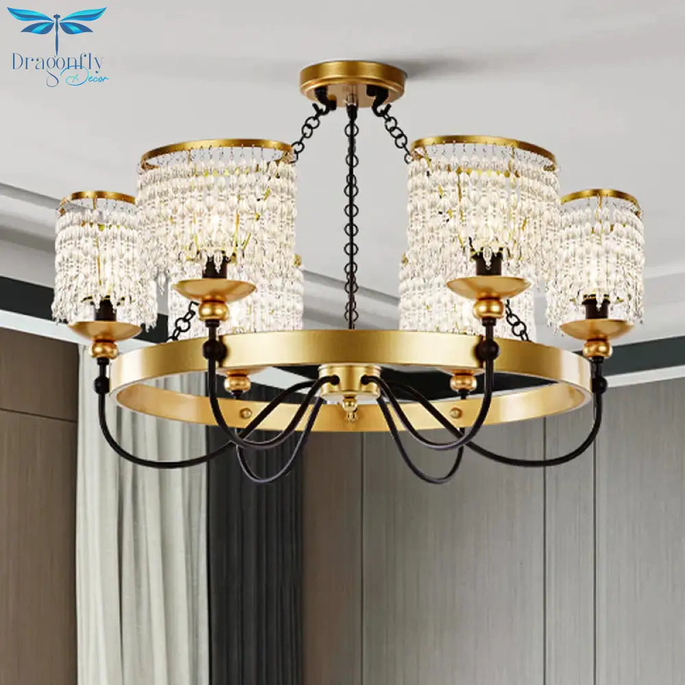 6/8 Lights Crystal Pendant Chandelier Countryside Gold Curving Bedroom Ceiling Suspension Lamp