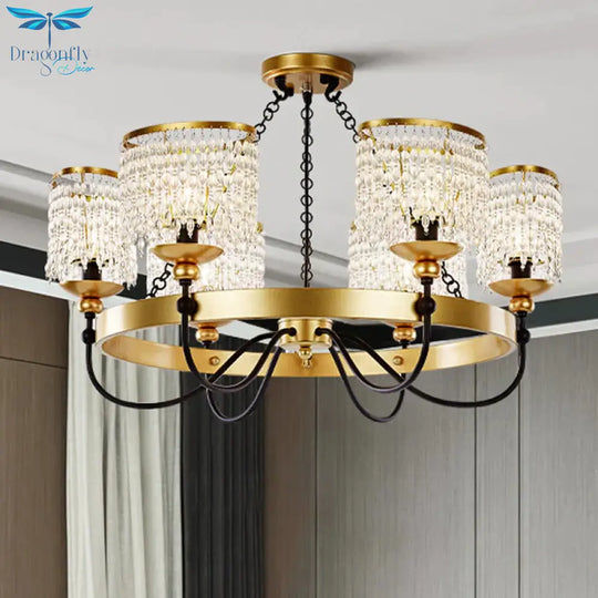 6/8 Lights Crystal Pendant Chandelier Countryside Gold Curving Bedroom Ceiling Suspension Lamp