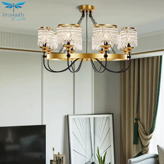 6/8 Lights Crystal Pendant Chandelier Countryside Gold Curving Bedroom Ceiling Suspension Lamp