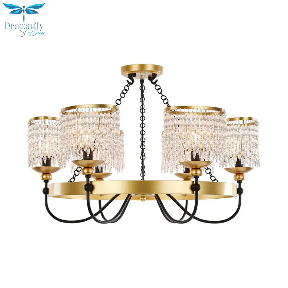 6/8 Lights Crystal Pendant Chandelier Countryside Gold Curving Bedroom Ceiling Suspension Lamp