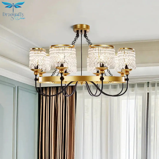 6/8 Lights Crystal Pendant Chandelier Countryside Gold Curving Bedroom Ceiling Suspension Lamp