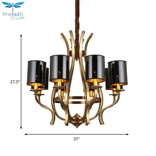 6/8 Lights Cylinder Chandelier Farmhouse Black Fabric Hanging Ceiling Lamp With Iron Vase Design