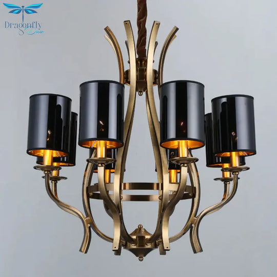 6/8 Lights Cylinder Chandelier Farmhouse Black Fabric Hanging Ceiling Lamp With Iron Vase Design