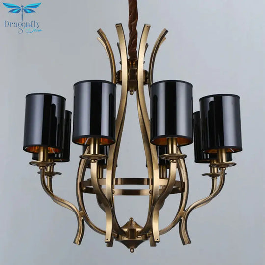 6/8 Lights Cylinder Chandelier Farmhouse Black Fabric Hanging Ceiling Lamp With Iron Vase Design
