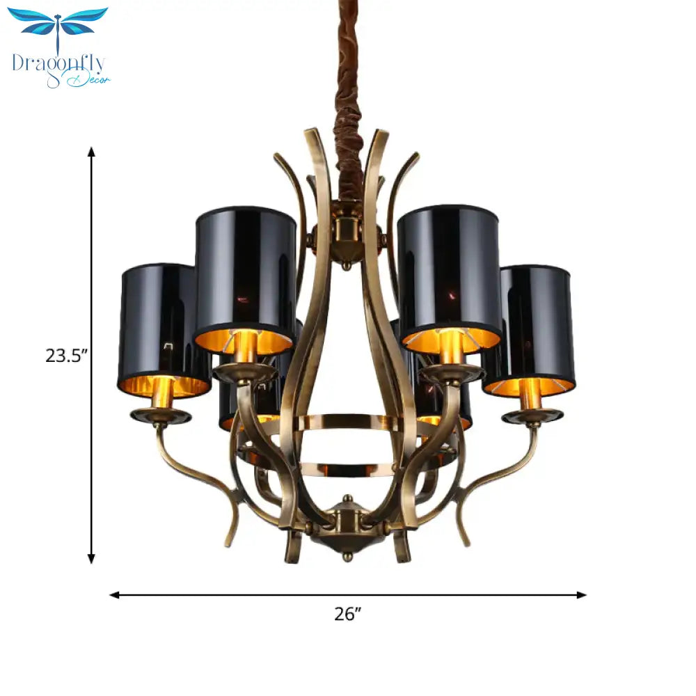 6/8 Lights Cylinder Chandelier Farmhouse Black Fabric Hanging Ceiling Lamp With Iron Vase Design