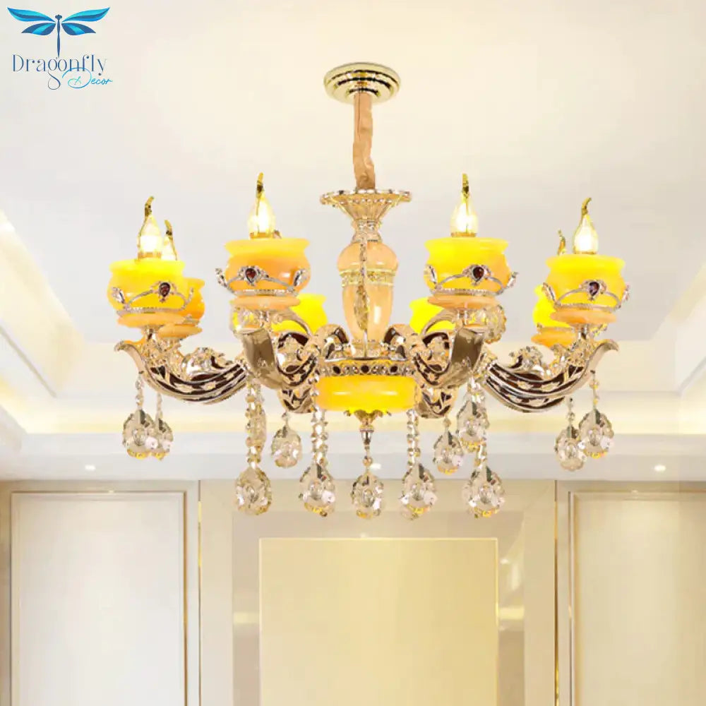 6/8 Lights Jade Ceiling Chandelier Antique Gold Candelabra Dining Room Pendant With Dangling Crystal