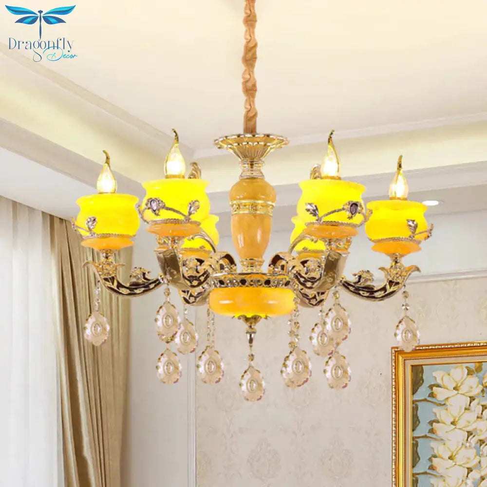 6/8 Lights Jade Ceiling Chandelier Antique Gold Candelabra Dining Room Pendant With Dangling Crystal