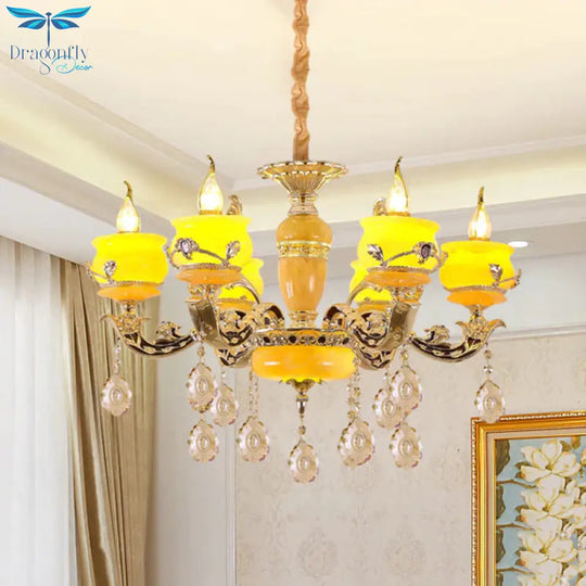 6/8 Lights Jade Ceiling Chandelier Antique Gold Candelabra Dining Room Pendant With Dangling Crystal