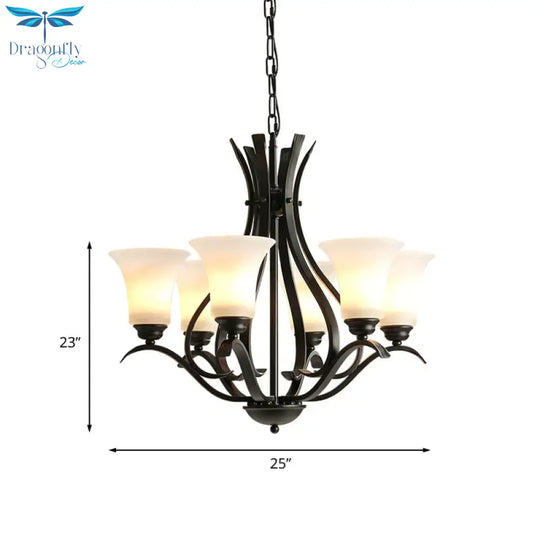 6/8 Lights Milk Glass Chandelier Lamp Retro Style Black Bell Living Room Hanging Pendant Light With