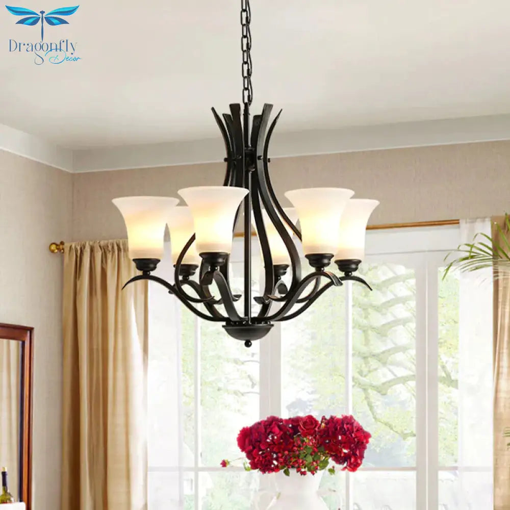 6/8 Lights Milk Glass Chandelier Lamp Retro Style Black Bell Living Room Hanging Pendant Light With