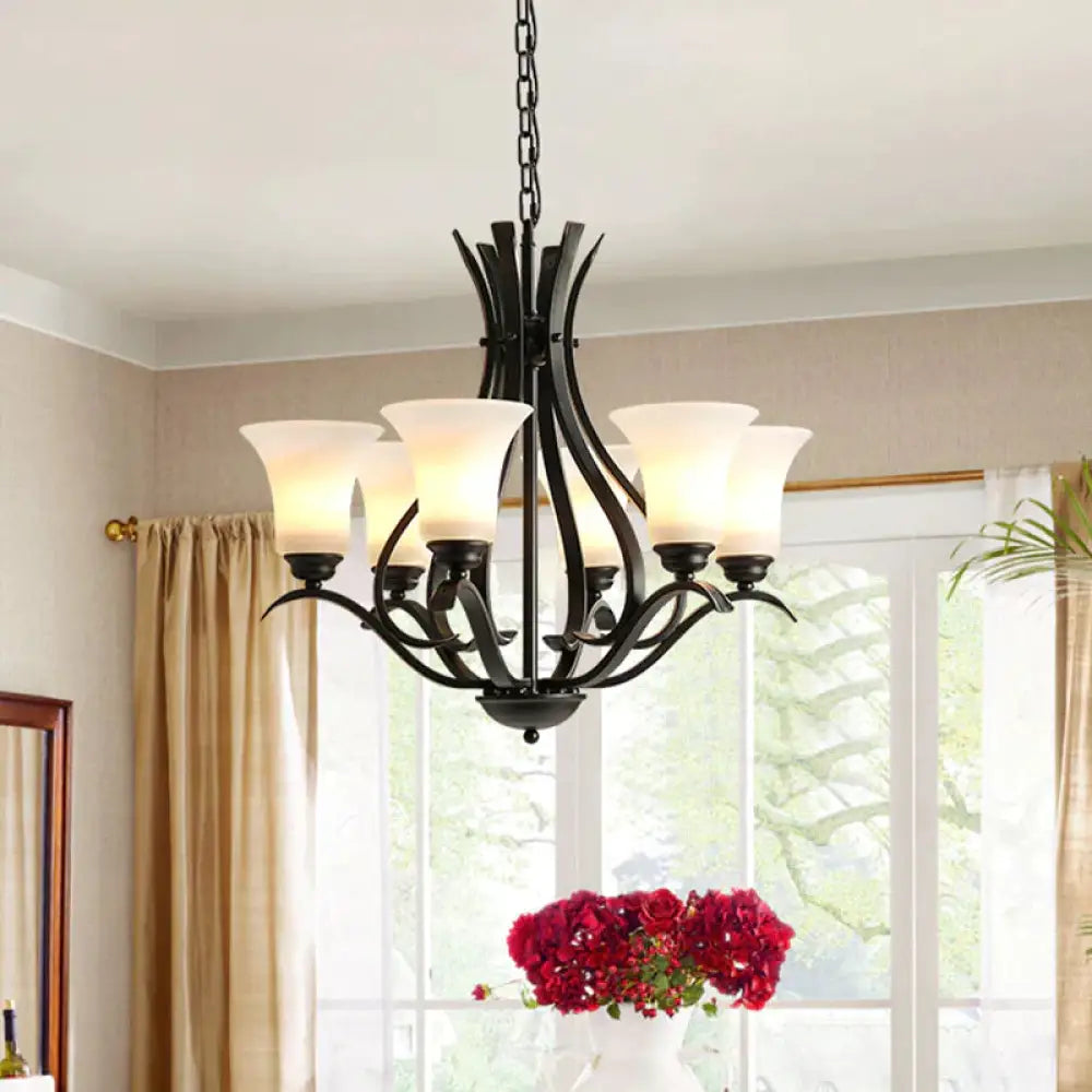 6/8 Lights Milk Glass Chandelier Lamp Retro Style Black Bell Living Room Hanging Pendant Light With