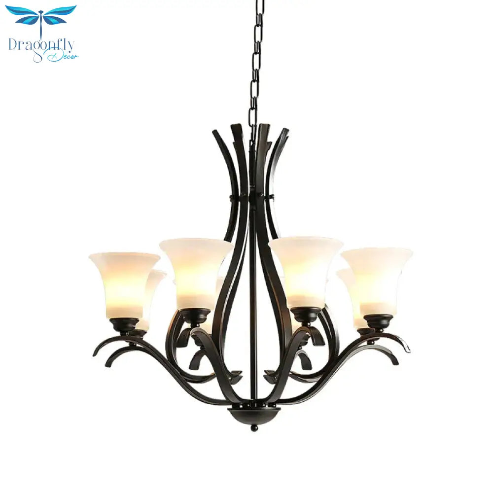 6/8 Lights Milk Glass Chandelier Lamp Retro Style Black Bell Living Room Hanging Pendant Light With