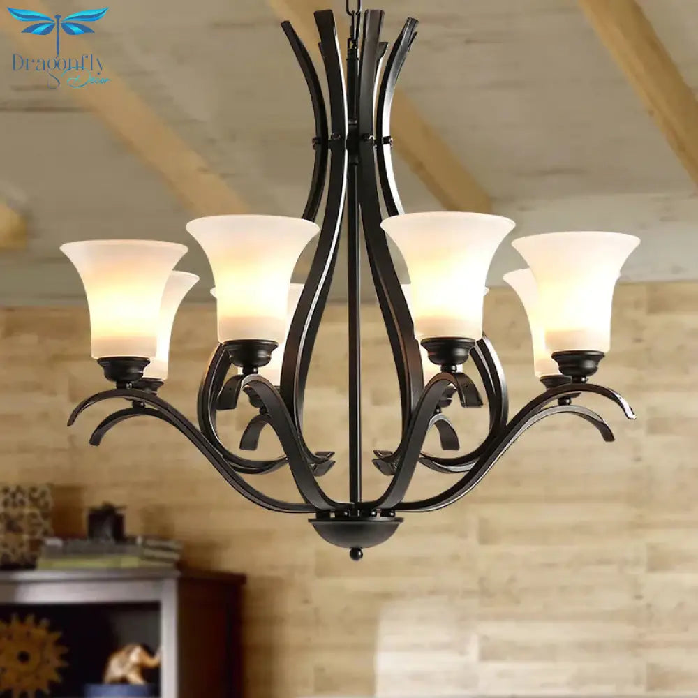 6/8 Lights Milk Glass Chandelier Lamp Retro Style Black Bell Living Room Hanging Pendant Light With