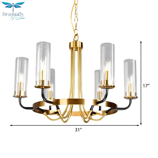 6/8 Lights Pendant Light Classic Tube Clear Glass Hanging Chandelier In Black/Gold With Wheel Design