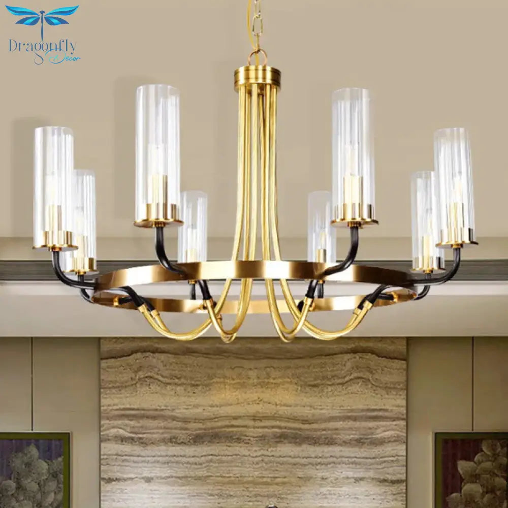 6/8 Lights Pendant Light Classic Tube Clear Glass Hanging Chandelier In Black/Gold With Wheel Design